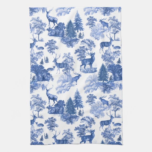 Elegant Blue French Toile Deer in Woodland  Tea Towel (Vertical)