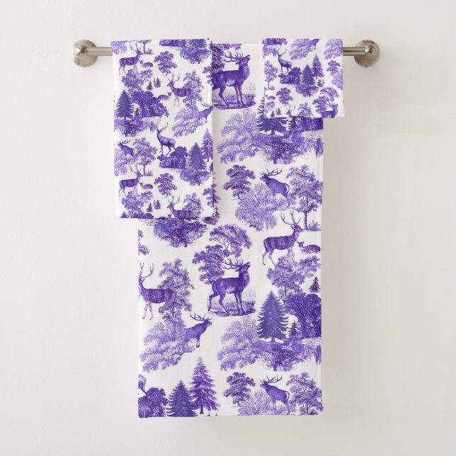 Elegant Blue French Toile Deer Woodland Bath Towel Set (Insitu)