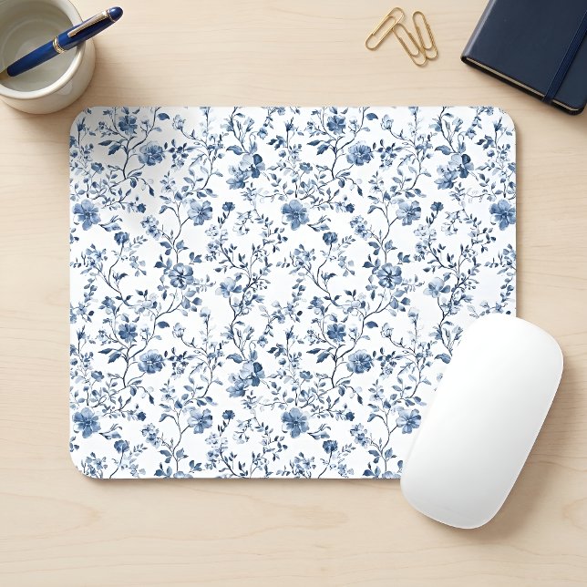 Elegant Blue French Toile Floral Pattern Mouse Mat (Elegant french blue toile - the perfect elegant touch for your office)