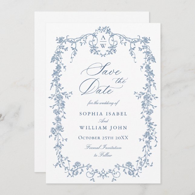 Elegant Blue French Toile Floral Wedding QR code Save The Date (Front/Back)