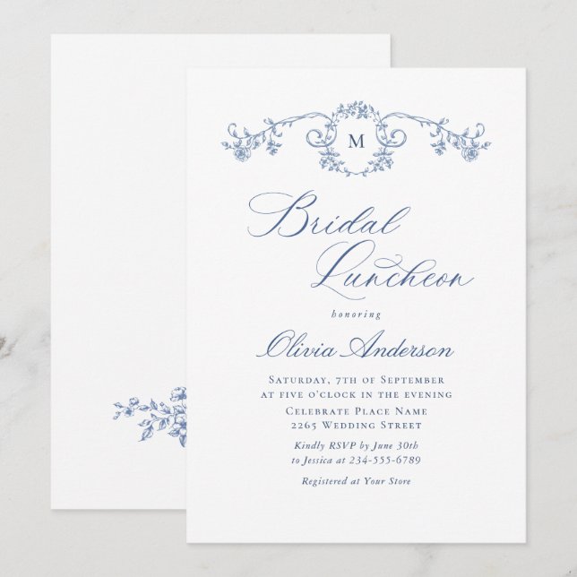 Elegant Blue French Toile Garden BRIDAL LUNCHEON Invitation (Front/Back)