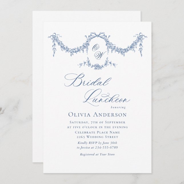 Elegant Blue French Toile Garden BRIDAL LUNCHEON Invitation (Front/Back)