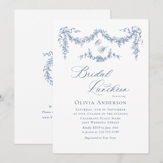 Elegant Blue French Toile Garden BRIDAL LUNCHEON Invitation (Front/Back)