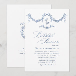 Elegant Blue French Toile Garden BRIDAL SHOWER Invitation
