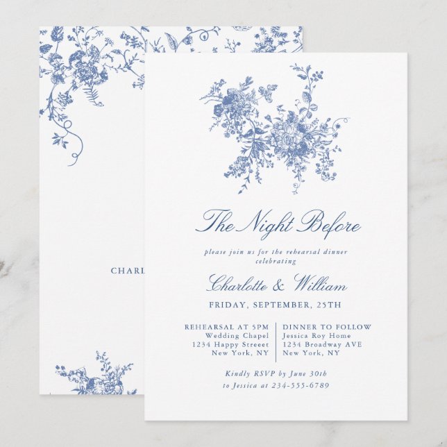 Elegant Blue French Toile Garden Rehearsal Dinner Invitation (Front/Back)