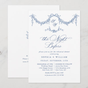 Elegant Blue French Toile Garden Rehearsal Dinner Invitation
