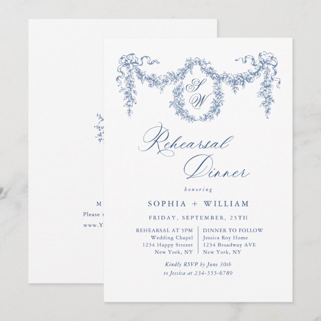Elegant Blue French Toile Garden Rehearsal Dinner Invitation (Front/Back)