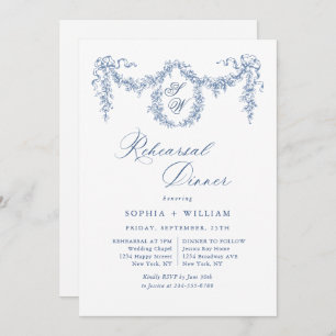 Elegant Blue French Toile Garden Rehearsal Dinner Invitation