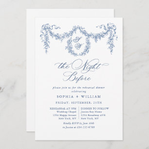 Elegant Blue French Toile Garden Rehearsal Dinner Invitation