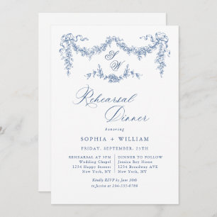 Elegant Blue French Toile Garden Rehearsal Dinner Invitation