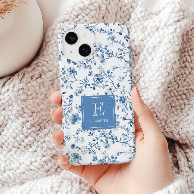 Elegant Blue French Toile Pattern Monogram Name Case-Mate iPhone Case (Elegant blue french toile pattern with monogram and name emblem. A classy, timeless vintage style. )