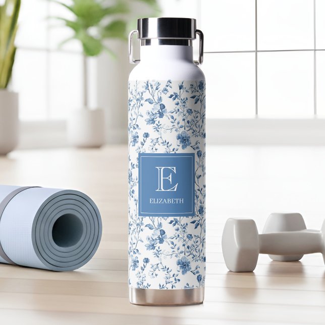 Elegant Blue French Toile Pattern Monogram Name Water Bottle (Blue french floral toile pattern monogram and name - an elegant touch for your yoga accessories)