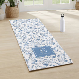 Elegant Blue French Toile Pattern Monogram Name  Yoga Mat