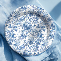 Elegant Blue French Toile Roses Floral Paper Plate