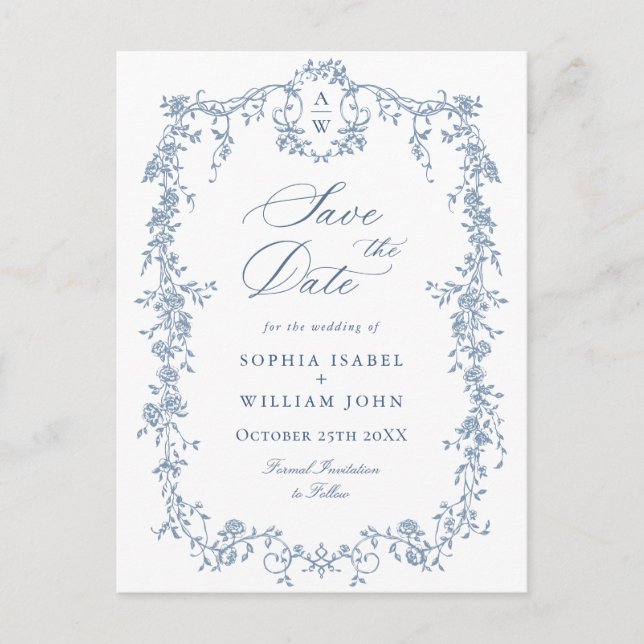 Elegant Blue French Toile Wedding Save the Date Postcard (Front)