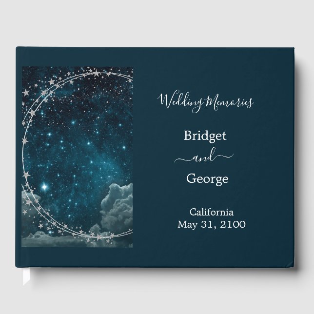 elegant blue galaxy sky wedding  guest book (Front)