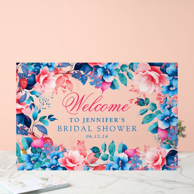 Elegant Blue Garden Floral Bridal Shower Welcome  Acrylic Sign (Wedding)