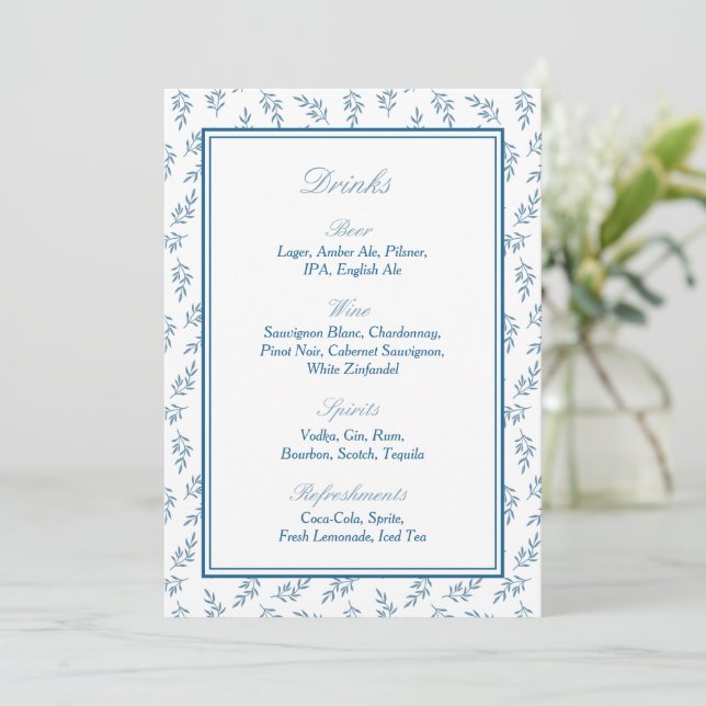 Elegant Blue Garden Wedding Bar Menu Sign (Standing Front)