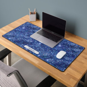 Elegant Blue Gem Shimmer Pattern Monogram Desk Mat