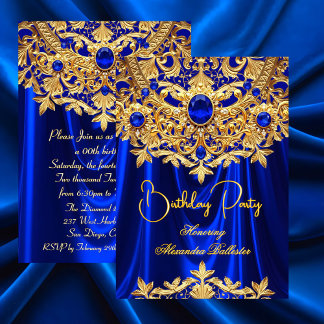Elegant Blue Gems Gold Lace Damask Birthday Party Invitation