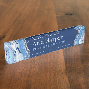 Elegant Blue Geode Silver Glitter Agate Monogram Nameplate