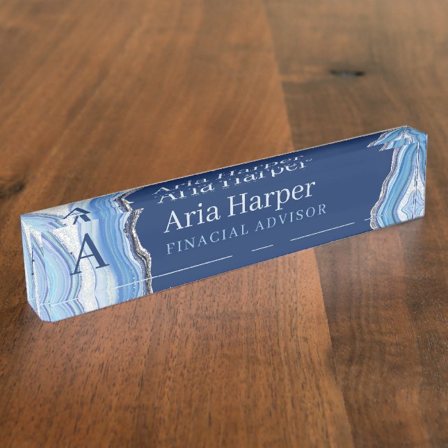 Elegant Blue Geode Silver Glitter Agate Monogram Nameplate (Side)