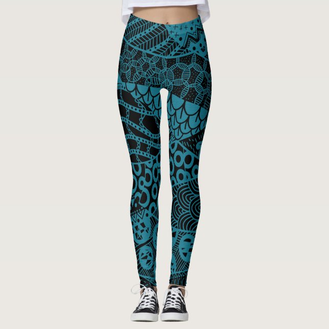Elegant Blue Geometric Abstract Tribal Pattern | Leggings (Front)