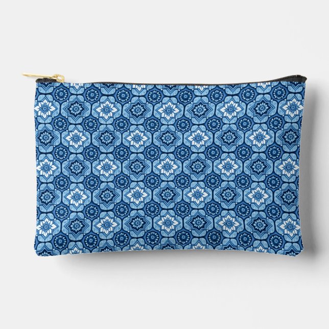 Elegant Blue Geometric Floral Pattern Accessory Pouch (Front)