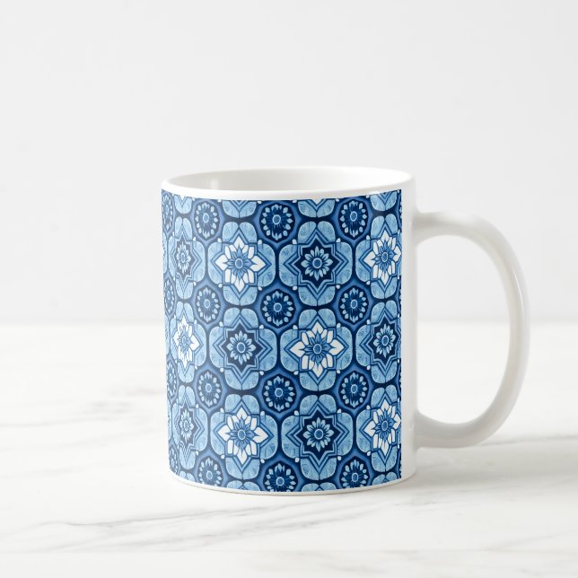 Elegant Blue Geometric Floral Pattern Coffee Mug (Right)