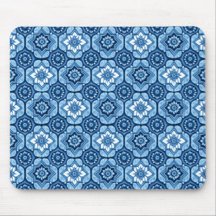 Elegant Blue Geometric Floral Pattern Mouse Mat