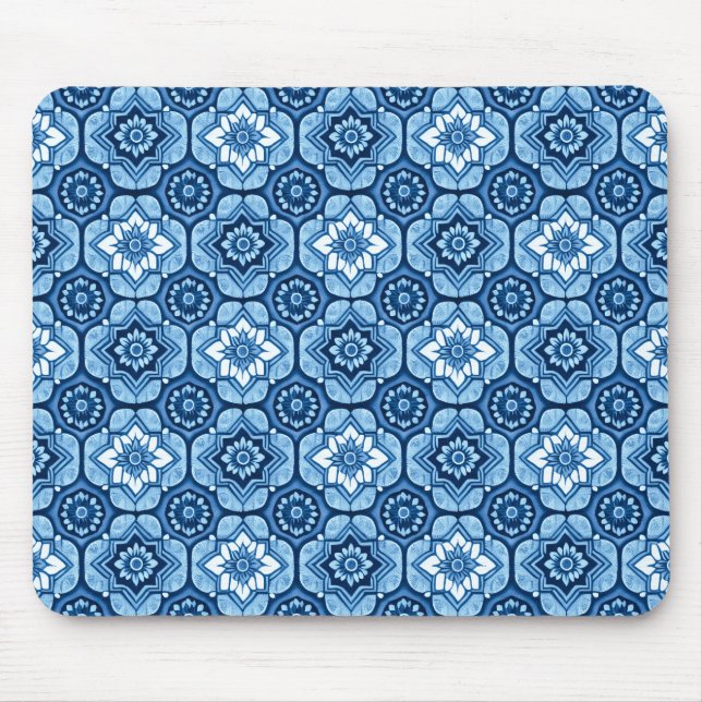Elegant Blue Geometric Floral Pattern Mouse Mat (Front)