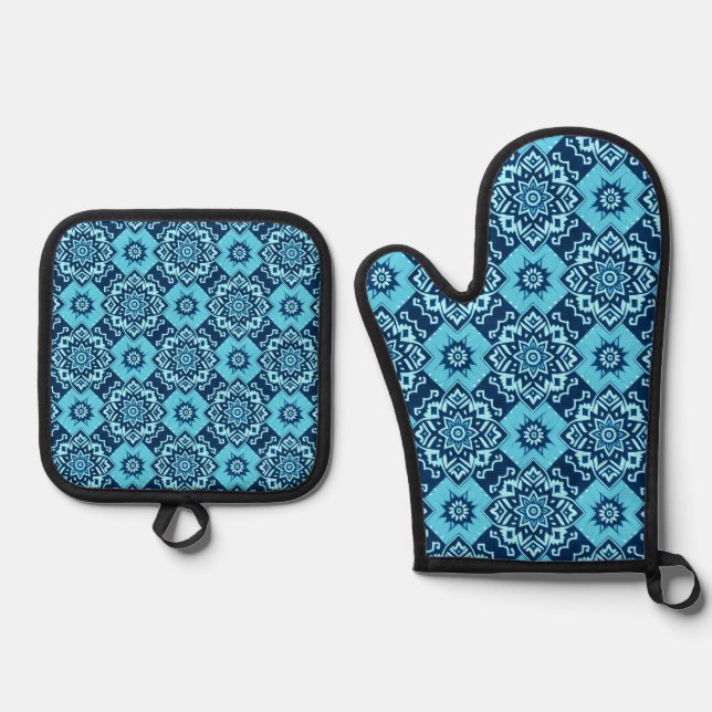 Elegant Blue Geometric Floral Pattern Oven Mitt & Pot Holder Set (Front)