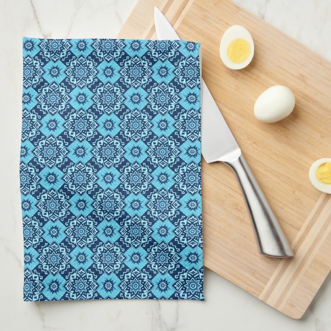 Elegant Blue Geometric Floral Pattern Tea Towel (Quarter Fold)