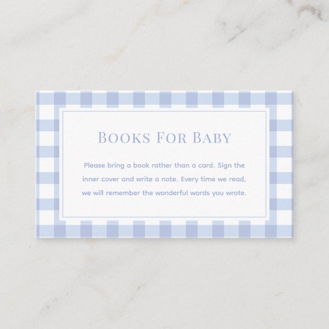Elegant Blue Gingham Baby Shower Books For Baby Enclosure Card (Front)