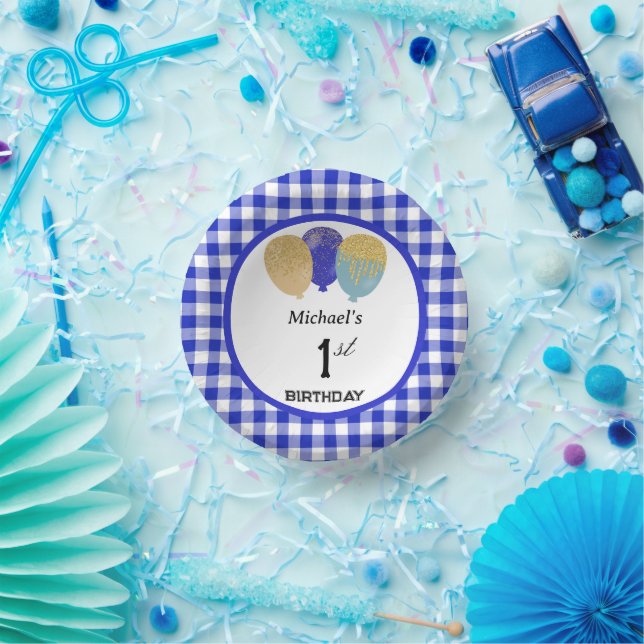 Elegant Blue Gingham & Balloons 1st Birthday  Paper Plate (Party)