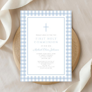 Elegant Blue Gingham Boy First Communion Invitation