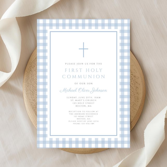 Elegant Blue Gingham Boy First Communion Invitation (Elegant Blue Gingham Boy First Communion Invitation)