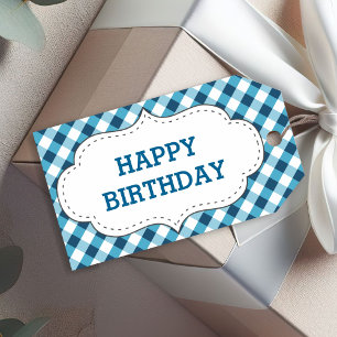 Elegant Blue Gingham Pattern Personalised Birthday Gift Tags