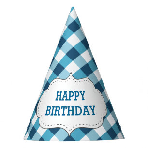 Elegant Blue Gingham Pattern Personalised Birthday Party Hat