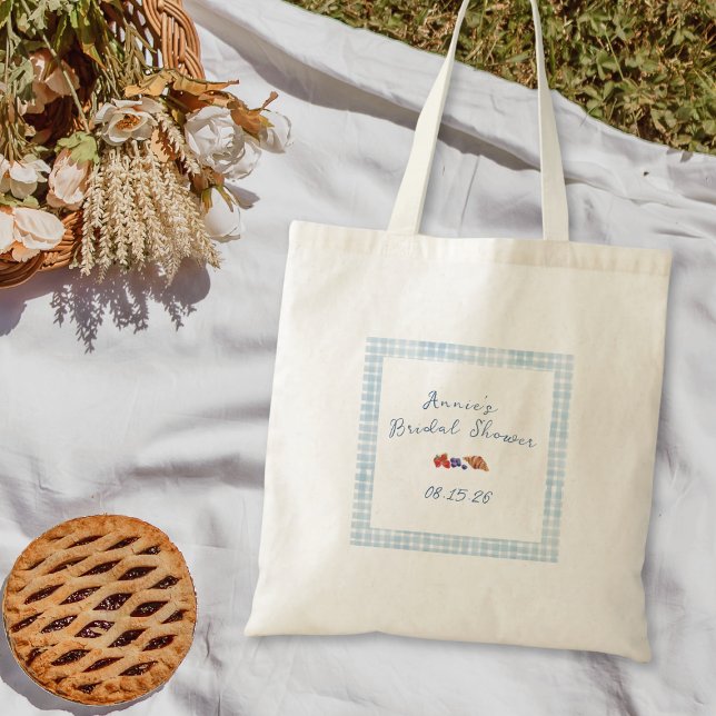 Elegant Blue Gingham Summer Brunch Bridal Shower Tote Bag (Creator Uploaded)