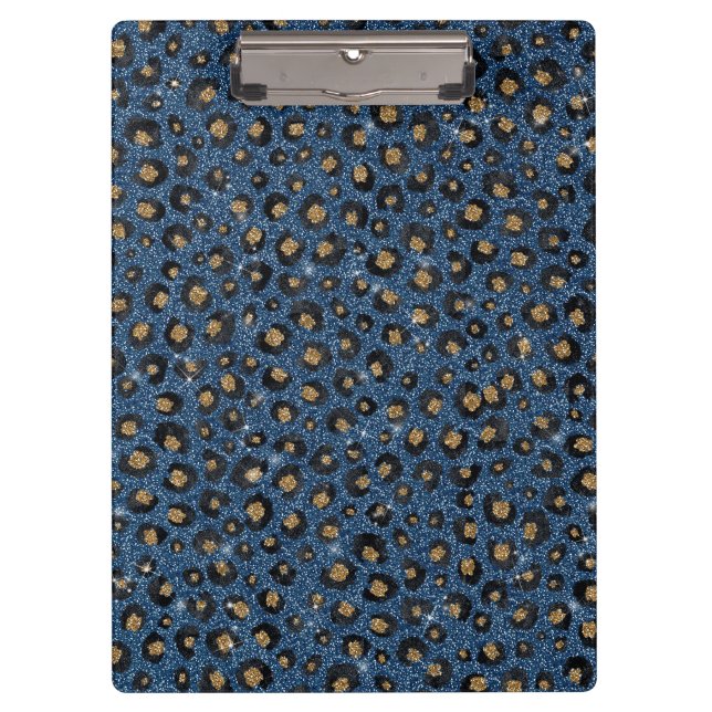 Elegant Blue Glitter Black Gold Leopard Print Clipboard (Front)