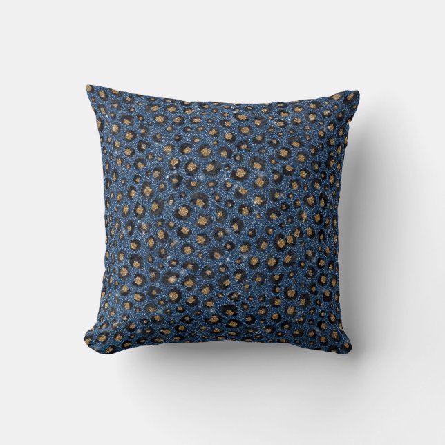 Elegant Blue Glitter Black Gold Leopard Print Cushion (Front)