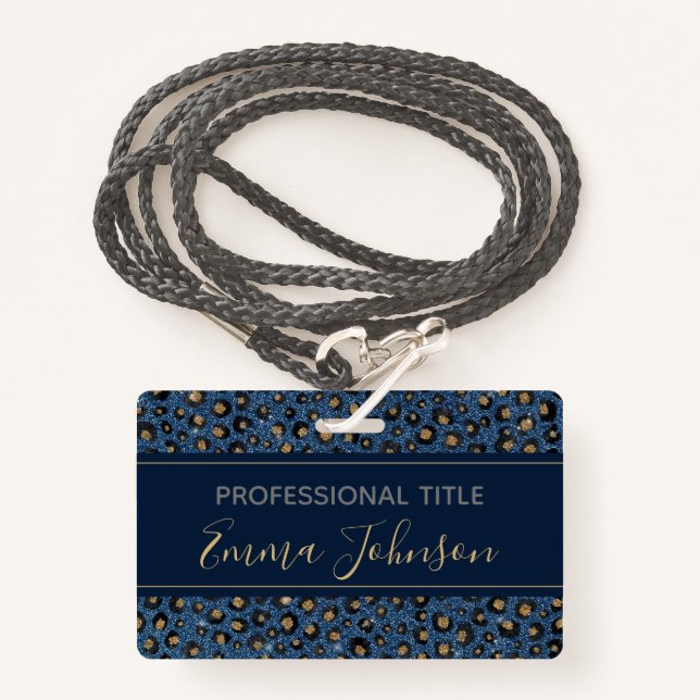 Elegant Blue Glitter Black Gold Leopard Print ID Badge (Front with Lanyard)