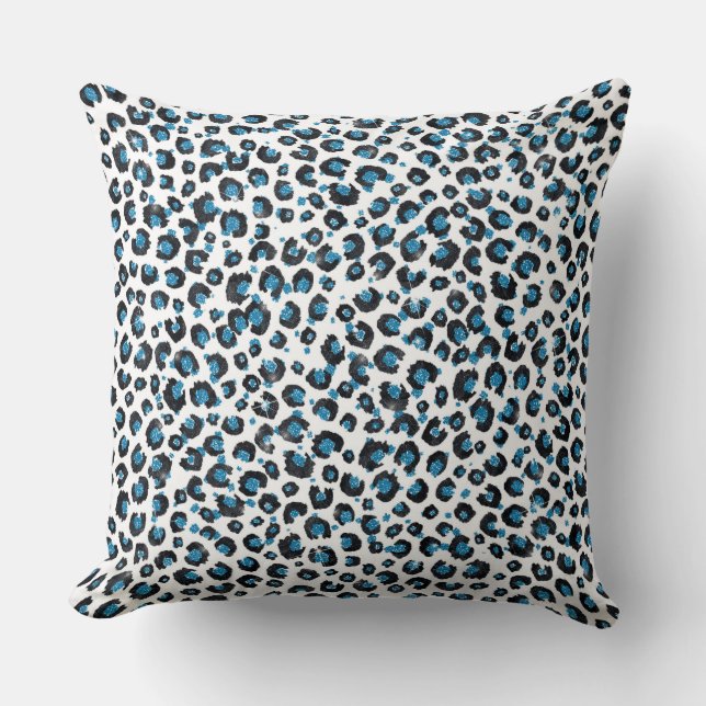 Elegant Blue Glitter Black Leopard Animal Print Cushion (Front)