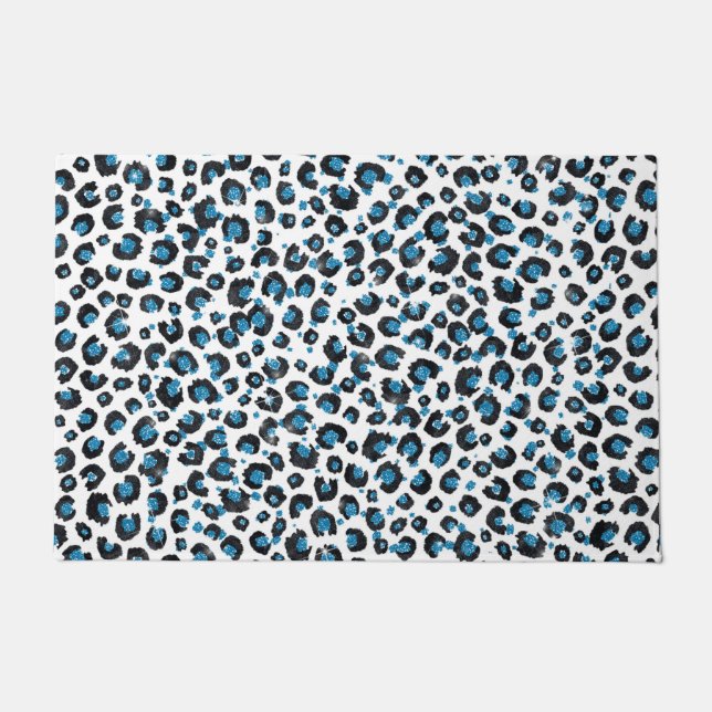 Elegant Blue Glitter Black Leopard Animal Print Doormat (Front)