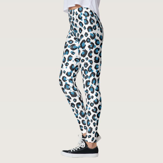Elegant Blue Glitter Black Leopard Animal Print Leggings (Left)