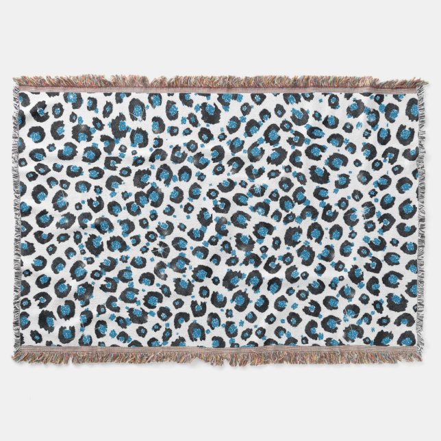 Elegant Blue Glitter Black Leopard Animal Print Throw Blanket (Front)