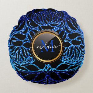 Elegant Blue Glitter Black Zebra Animal Print   Round Cushion