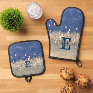 Elegant Blue Glitter Bokeh Monogram Oven Mitt & Pot Holder Set
