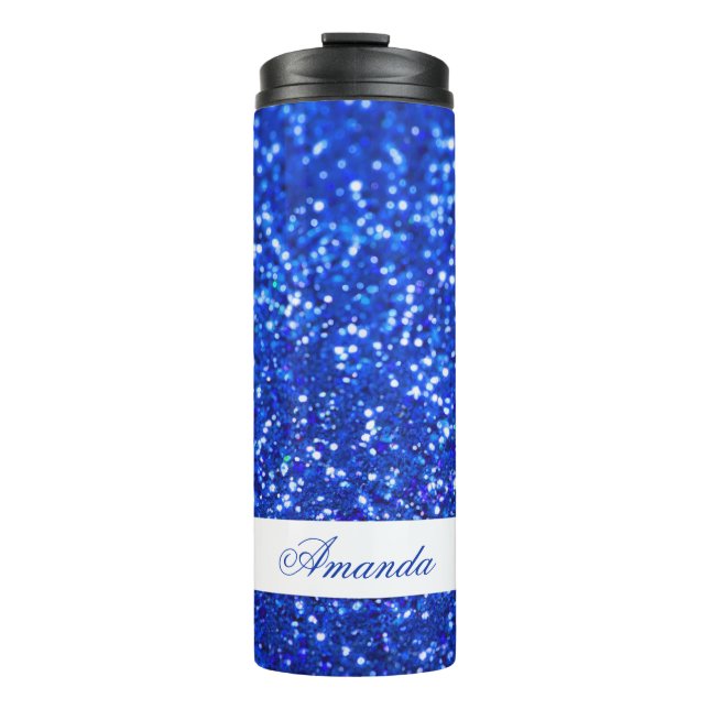 Elegant Blue Glitter Custom Name Thermal Tumbler (Front)